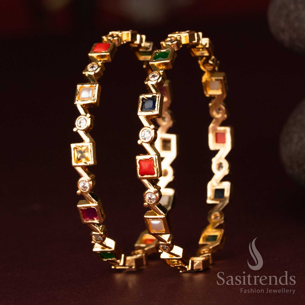 Traditional AD stone studded zig-zag bangles with nine auspicious stones