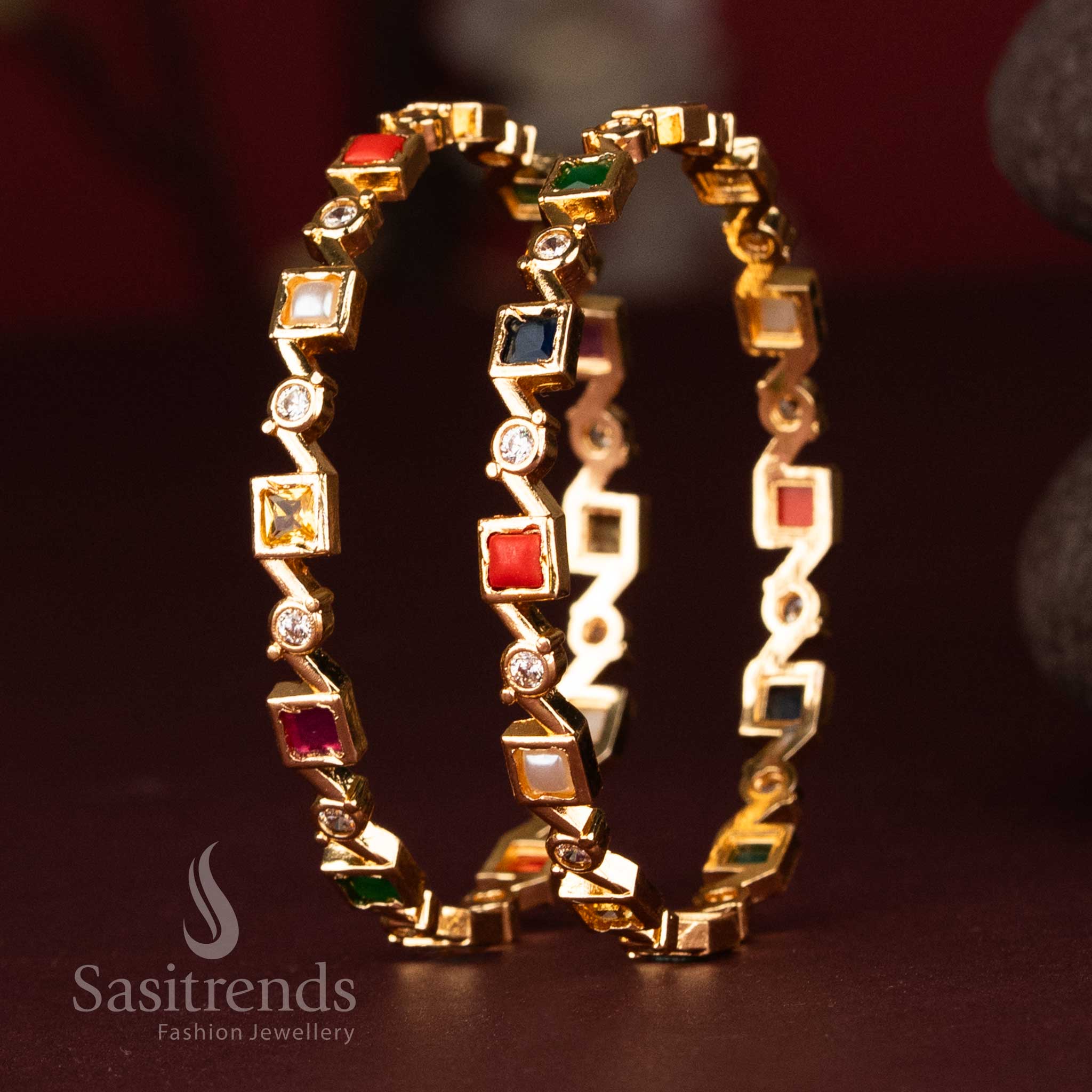 Modern geometric Navaratna bangles in micro gold finish for weddings - Sasitrends