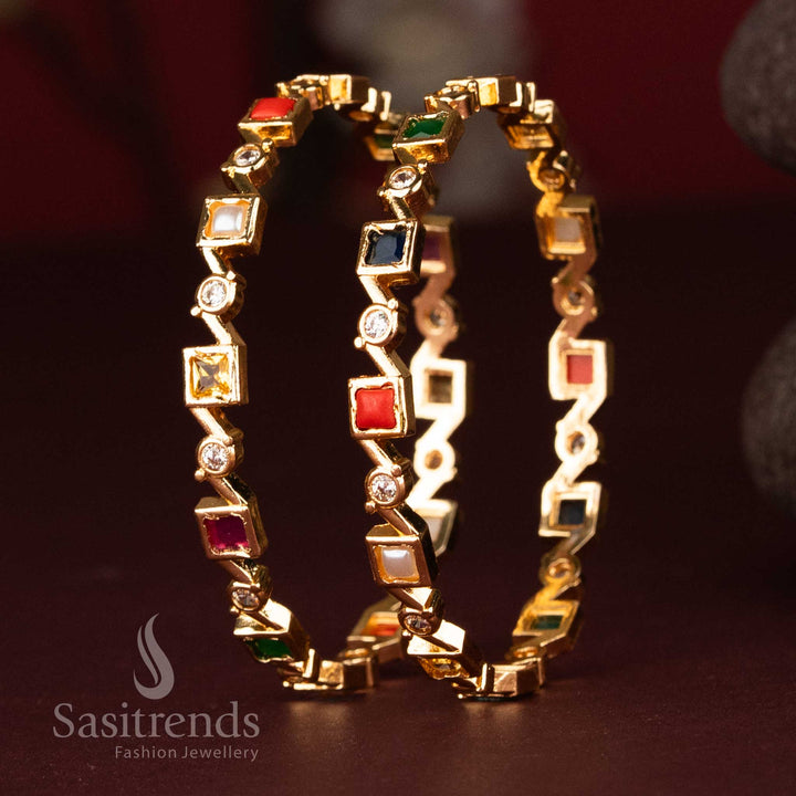 Stunning American Diamond Navarantha Stone Micro Gold Plated Square Zig Zag Bangle - Sasitrends