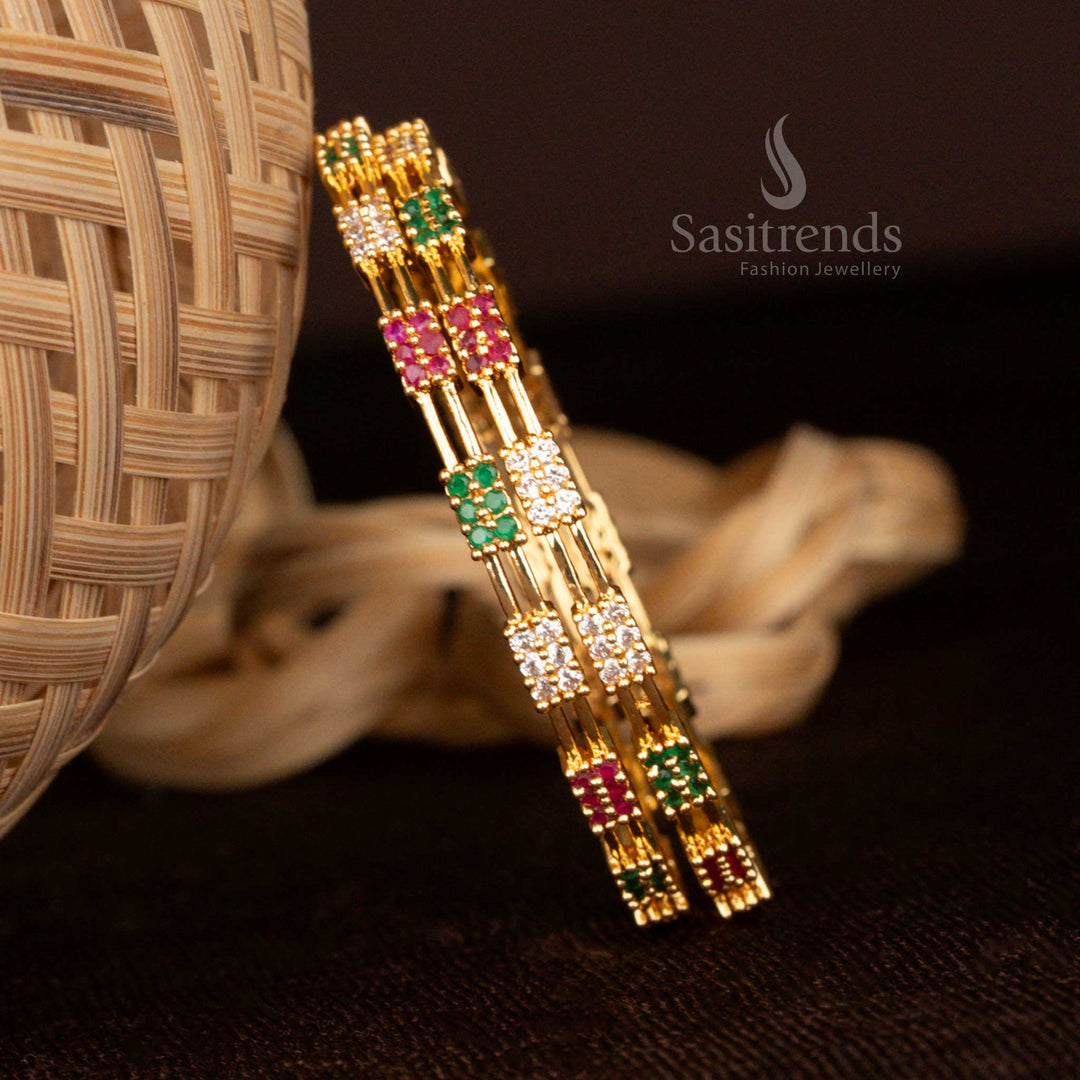 Micro Gold Plated American Diamond Spiral Two Line Bangles with Traditional Design by Sasitrends