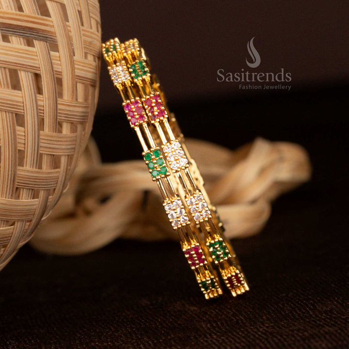 Micro Gold Plated American Diamond Spiral Two Line Bangles with Traditional Design by Sasitrends