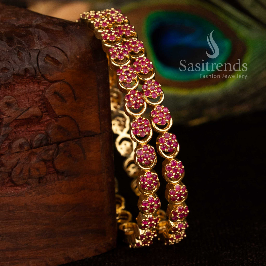 Guaranteed Floral cluster ruby American diamond micro gold plated bangles with circular linked pattern - Sasitrends