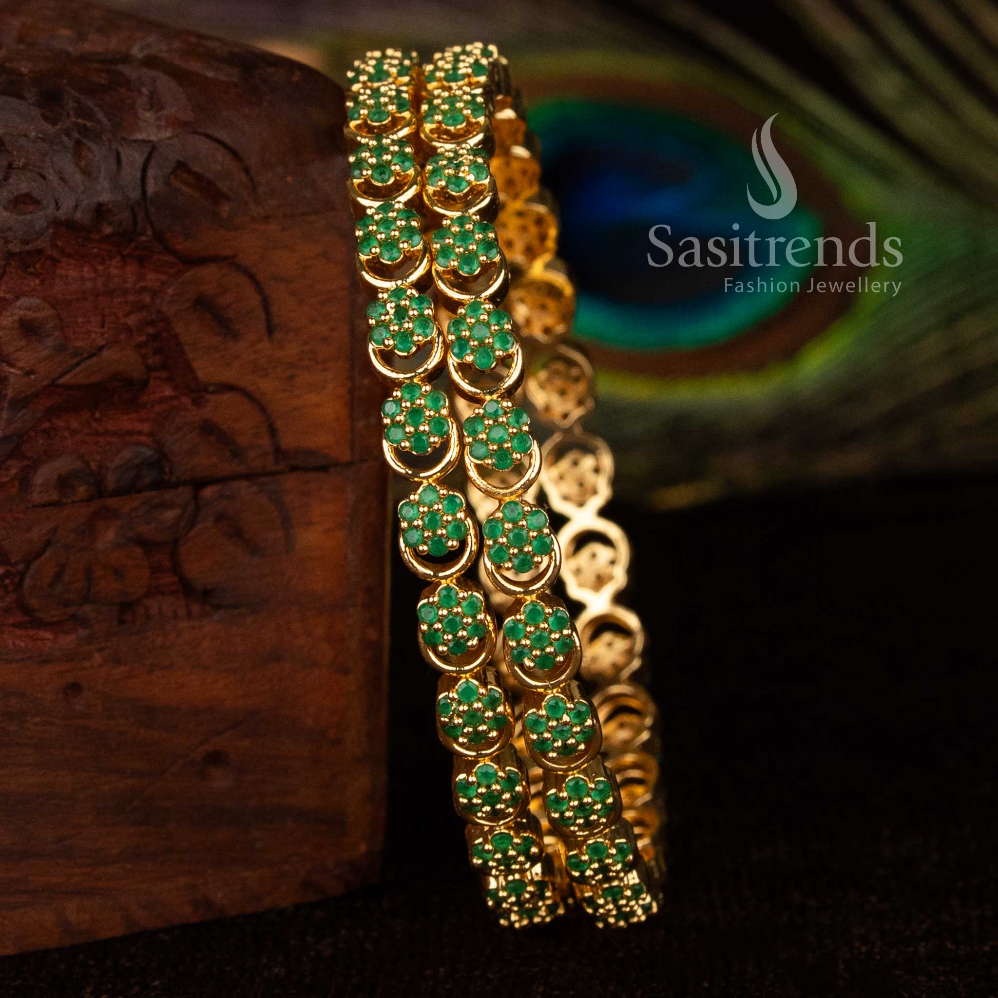 Traditional Floral cluster green American diamond one gram micro gold plated bangles with circular linked pattern - Sasitrends