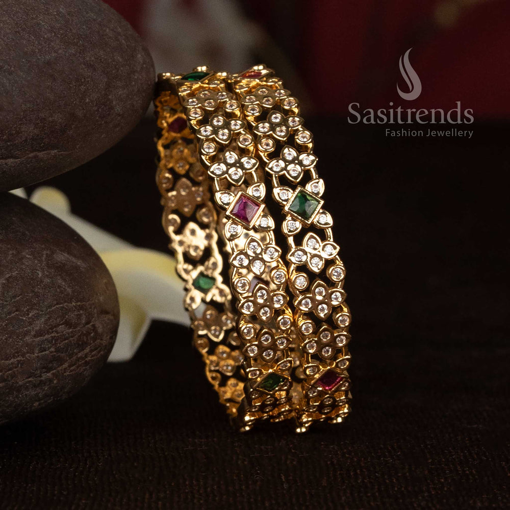 Micro Gold Plated floral American Diamond bangles styled for traditional ethnic occasions - Sasitrends