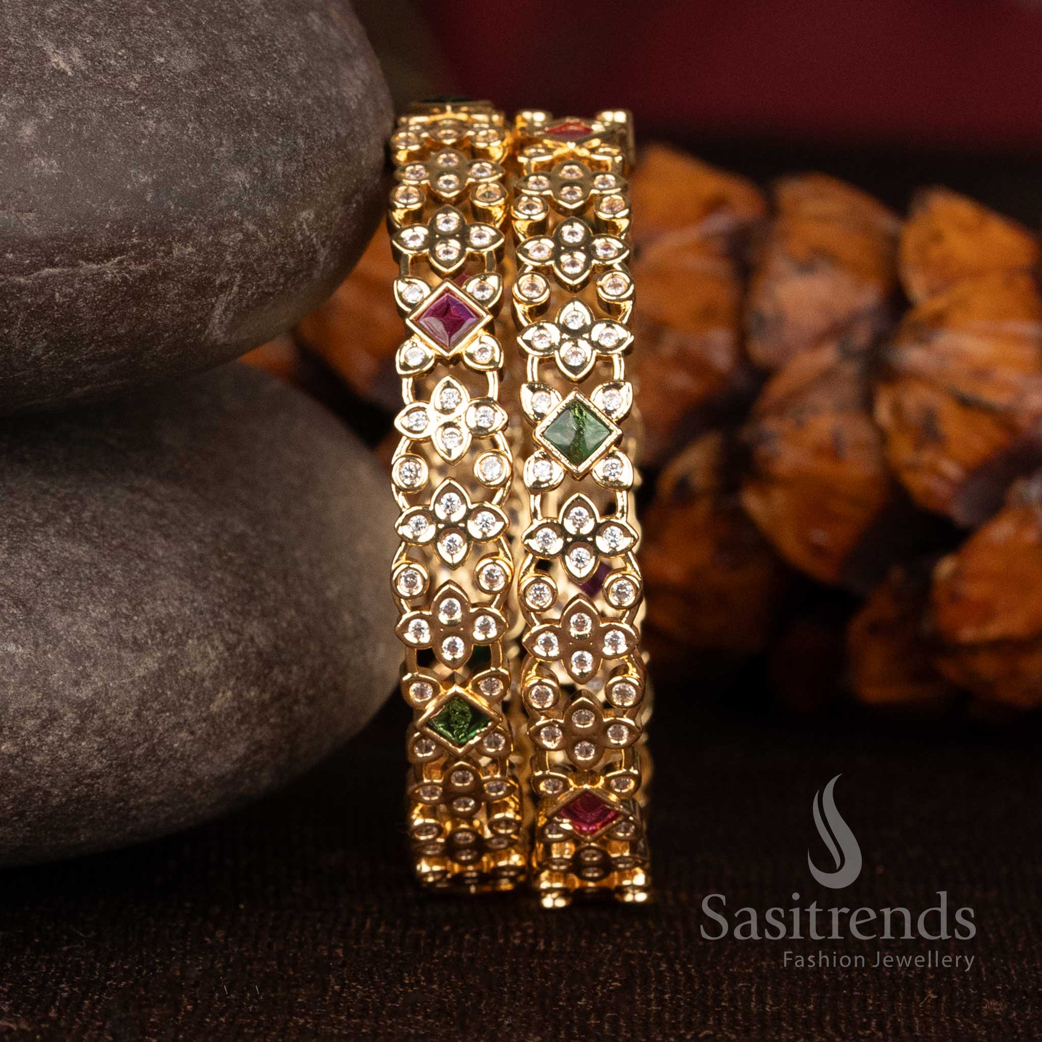 Micro Gold Plated floral American Diamond bangles styled for traditional ethnic occasions - Sasitrends