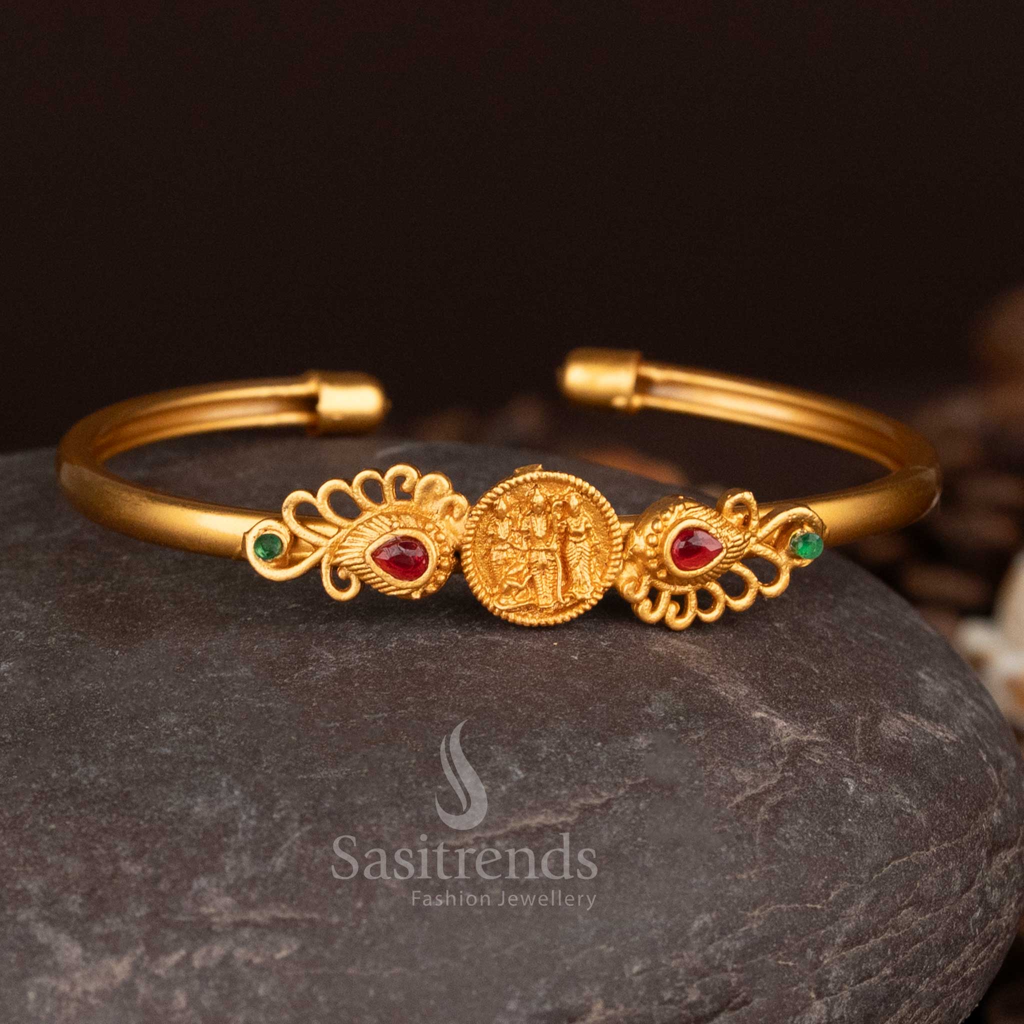 Peacock inspired matte bracelet with ruby and green stone accents - Sasitrends