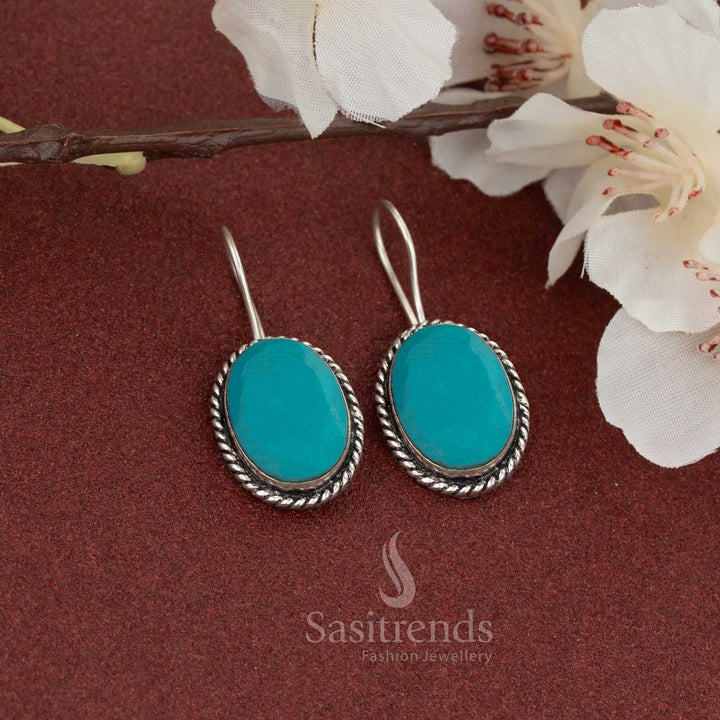Bright turquoise-blue stone earrings in oxidised fish hook style – adds a lively touch to casual and daytime outfits – Sasitrends