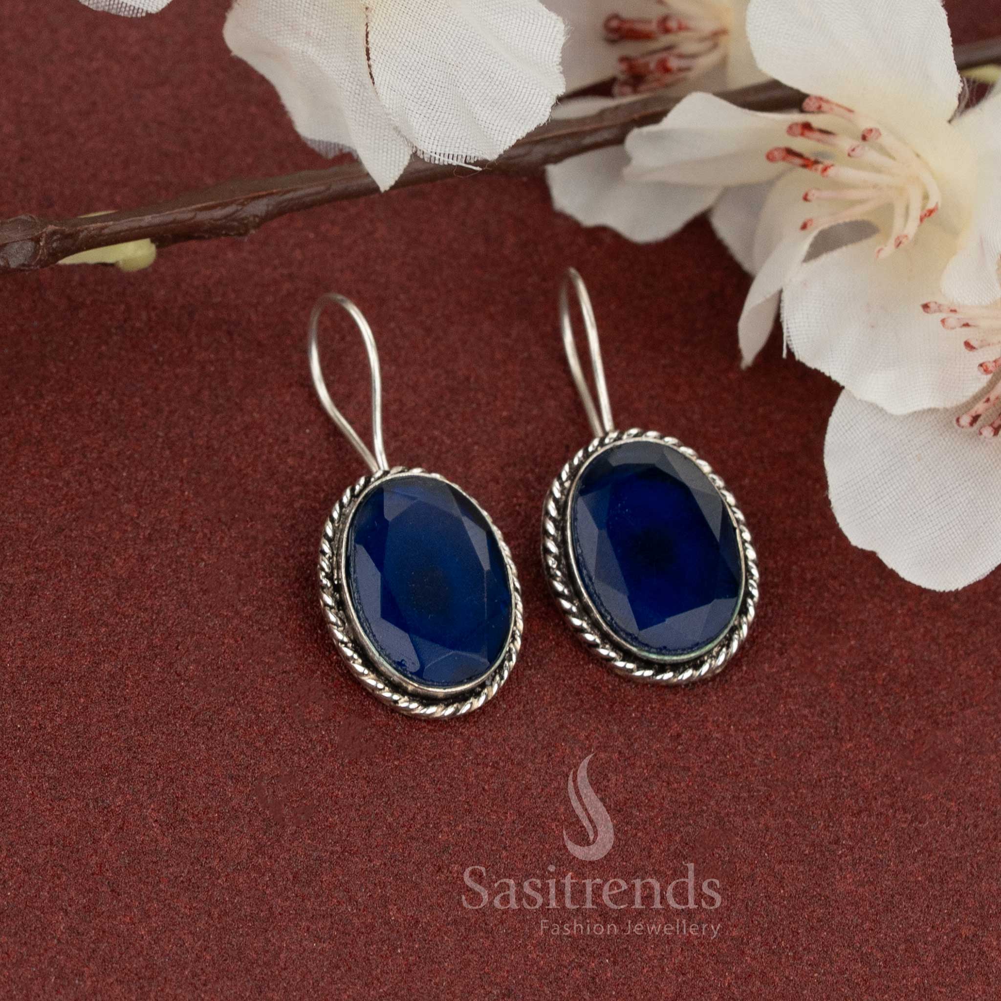 Cool-toned oxidised earrings in oval blue natural stone, fish hook style with rope detailing – a versatile pick for casual wear – Sasitrends