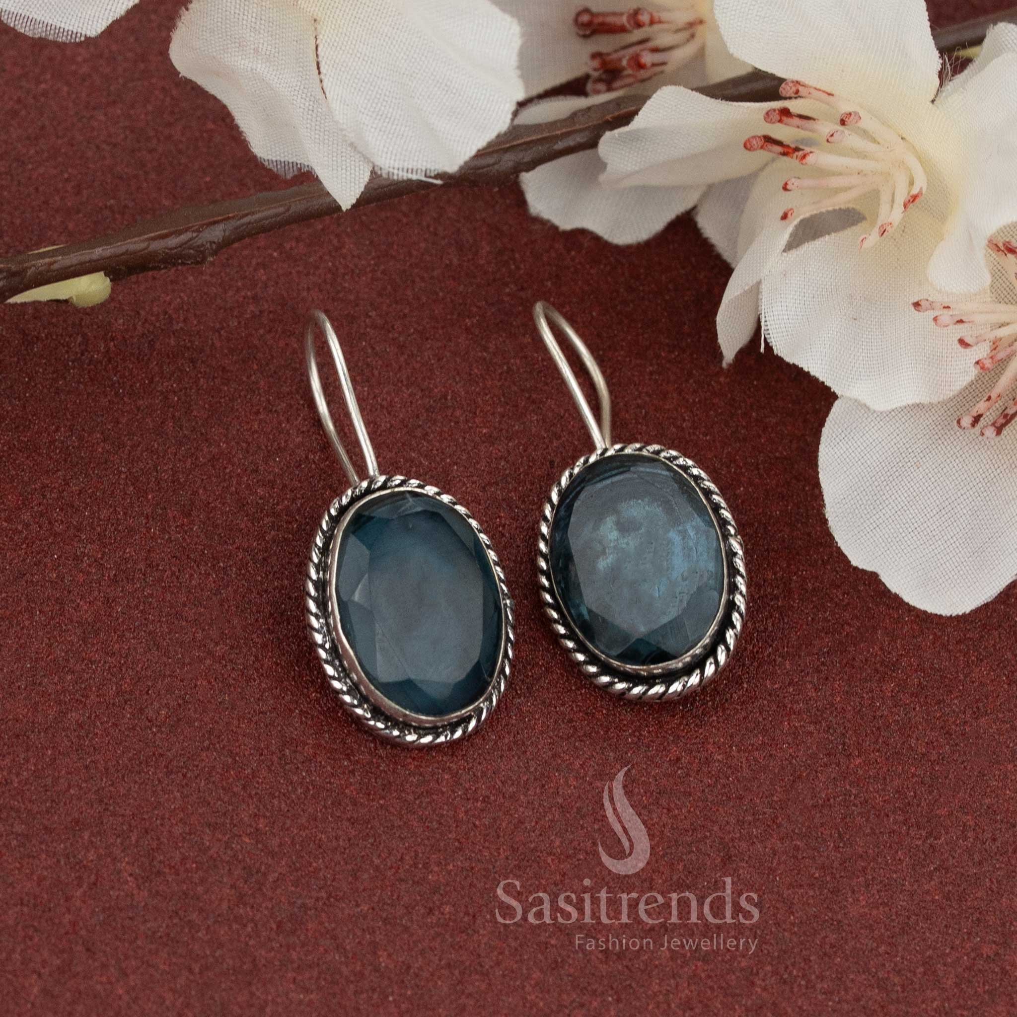 Classic navy-blue oval natural stone earrings in oxidised fish hook design – a refined choice for office or low-key evening wear – Sasitrends