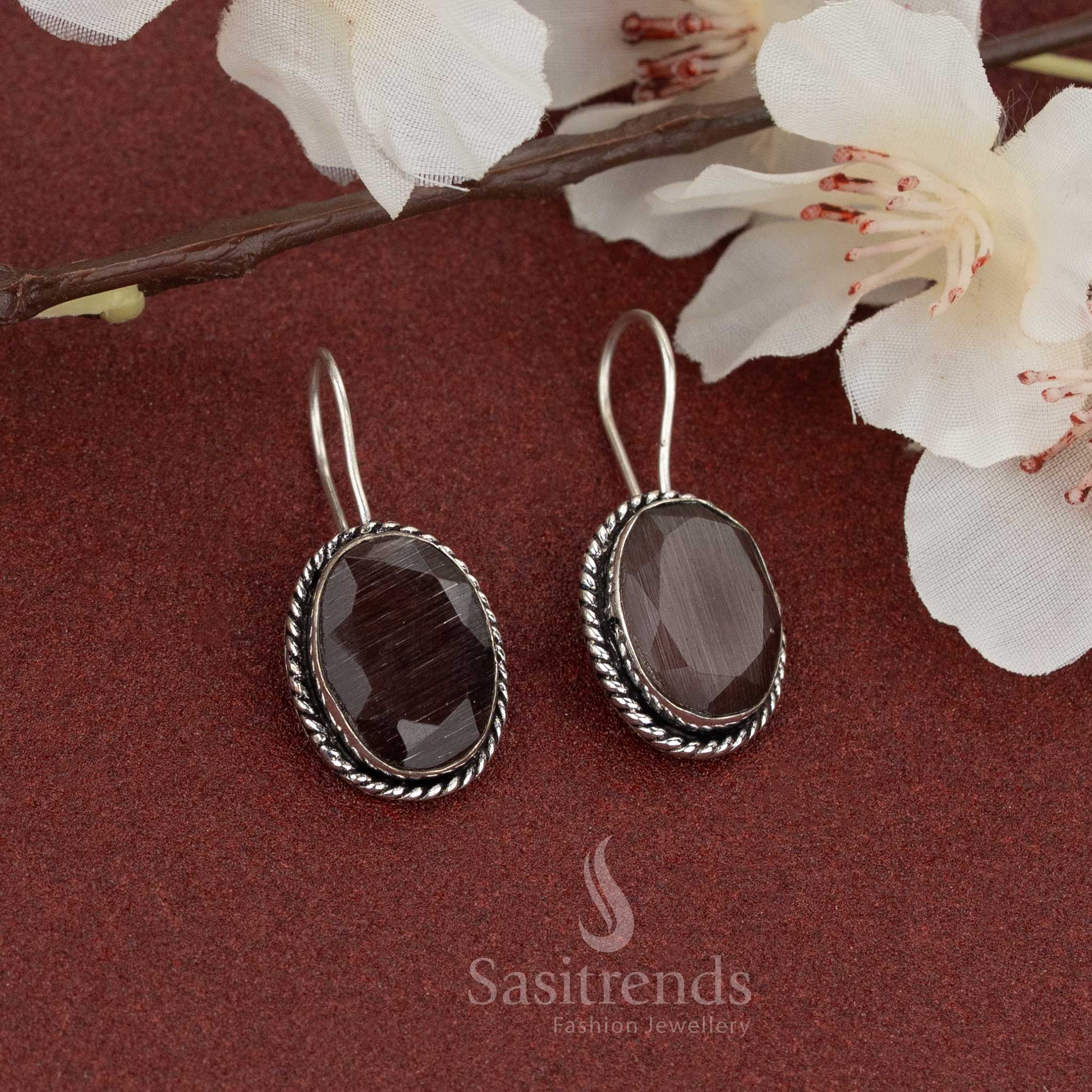 Rustic brown oval natural stone earrings in oxidised silver fish hook style with twisted rope frame – a grounded and versatile piece for casual daily wear – Sasitrends