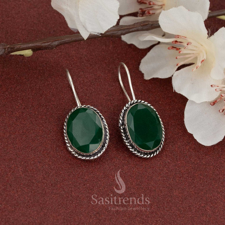 Stylish oxidised earrings with oval green natural stone and fish hook setting – rope edge design ideal for casual and everyday fashion – Sasitrends