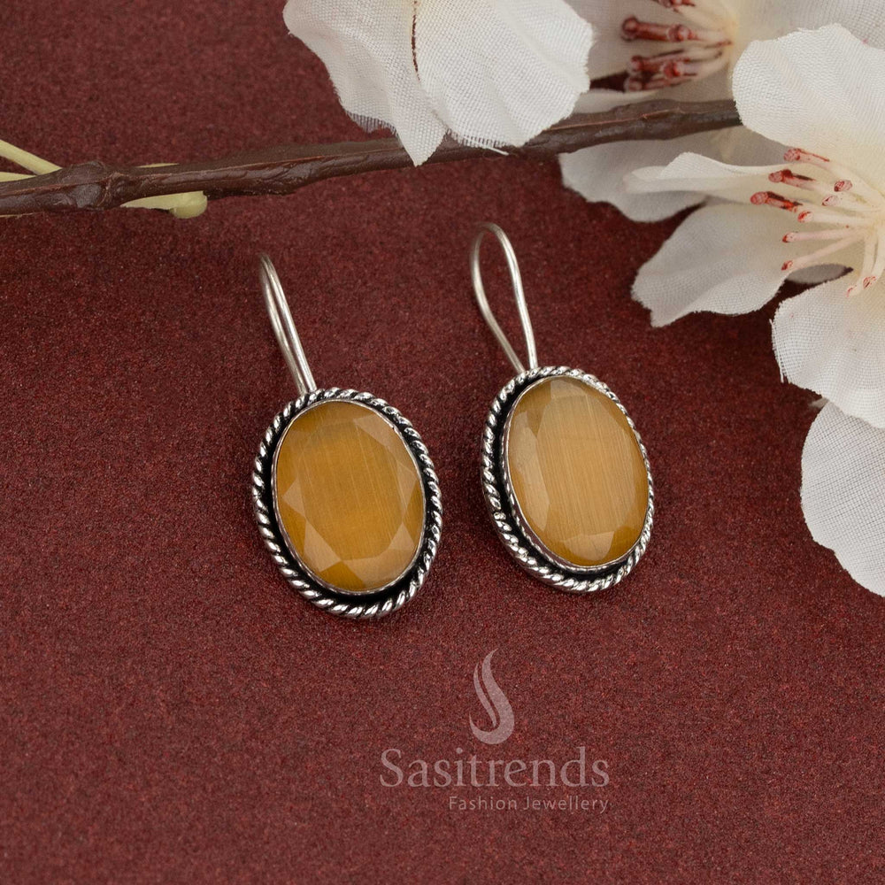 Sunny yellow oval natural stone earrings in oxidised fish hook style – ideal for cheerful, fun-loving casual wear – Sasitrends