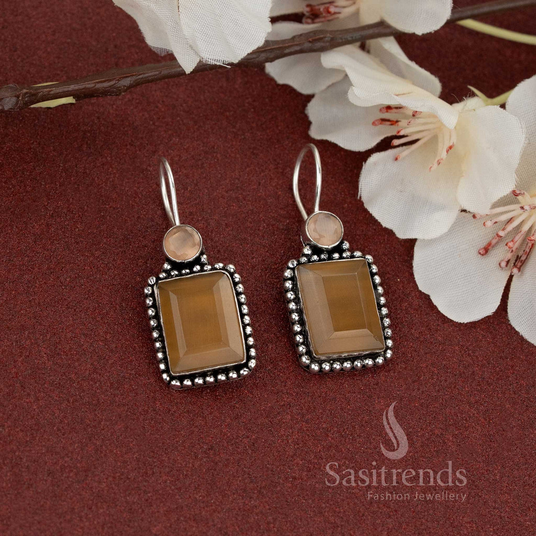 Oxidised earrings with rectangular Brown stone