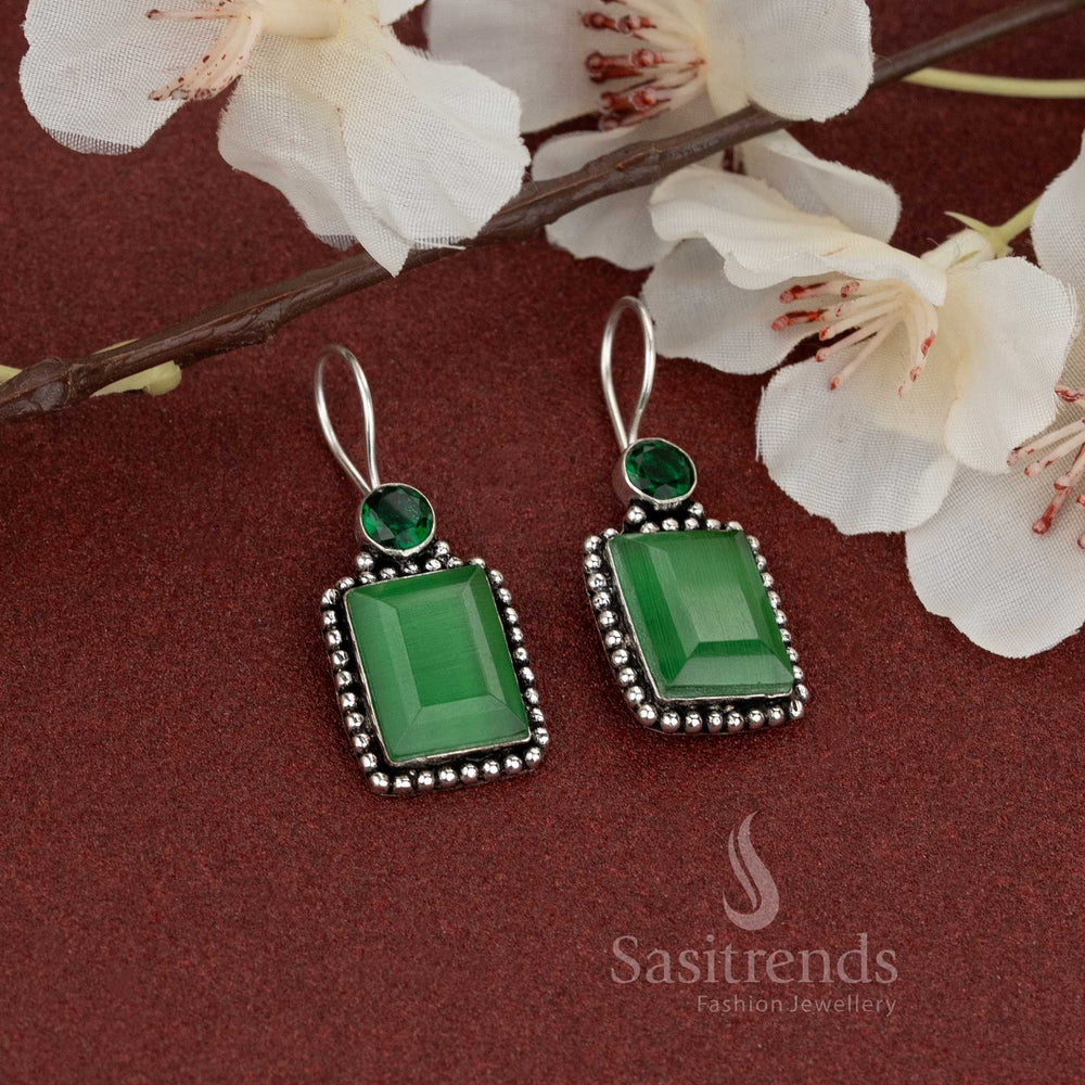 Oxidised earrings with rectangular Green stone