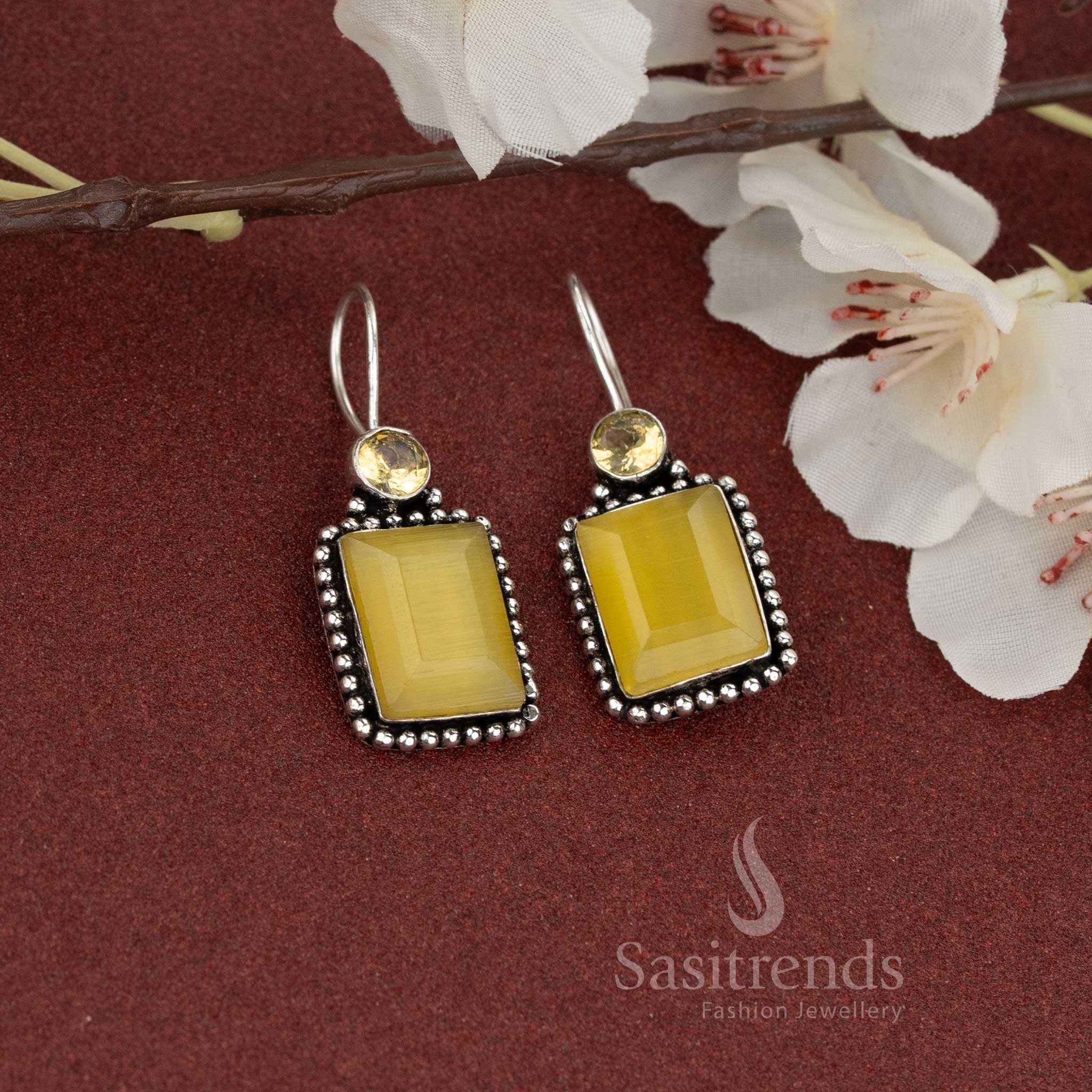 Oxidised earrings with rectangular Yellow stone