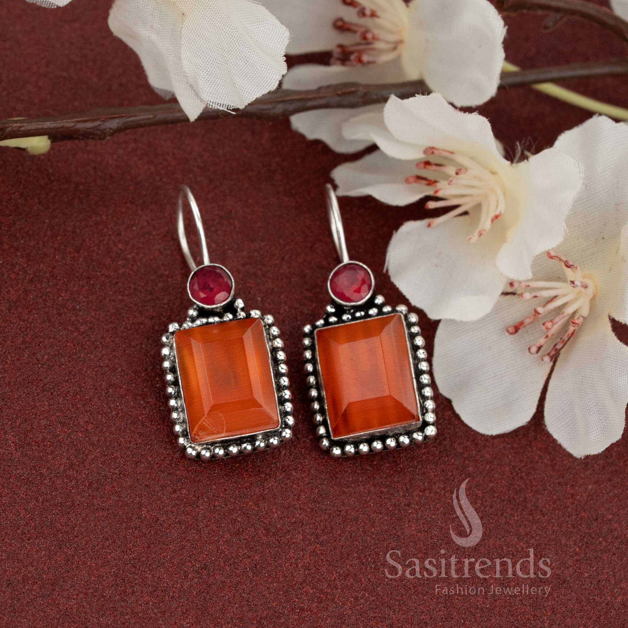 Oxidised earrings with rectangular Orange stone