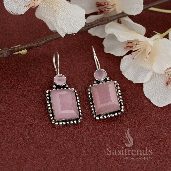 Oxidised earrings with rectangular Pink stone