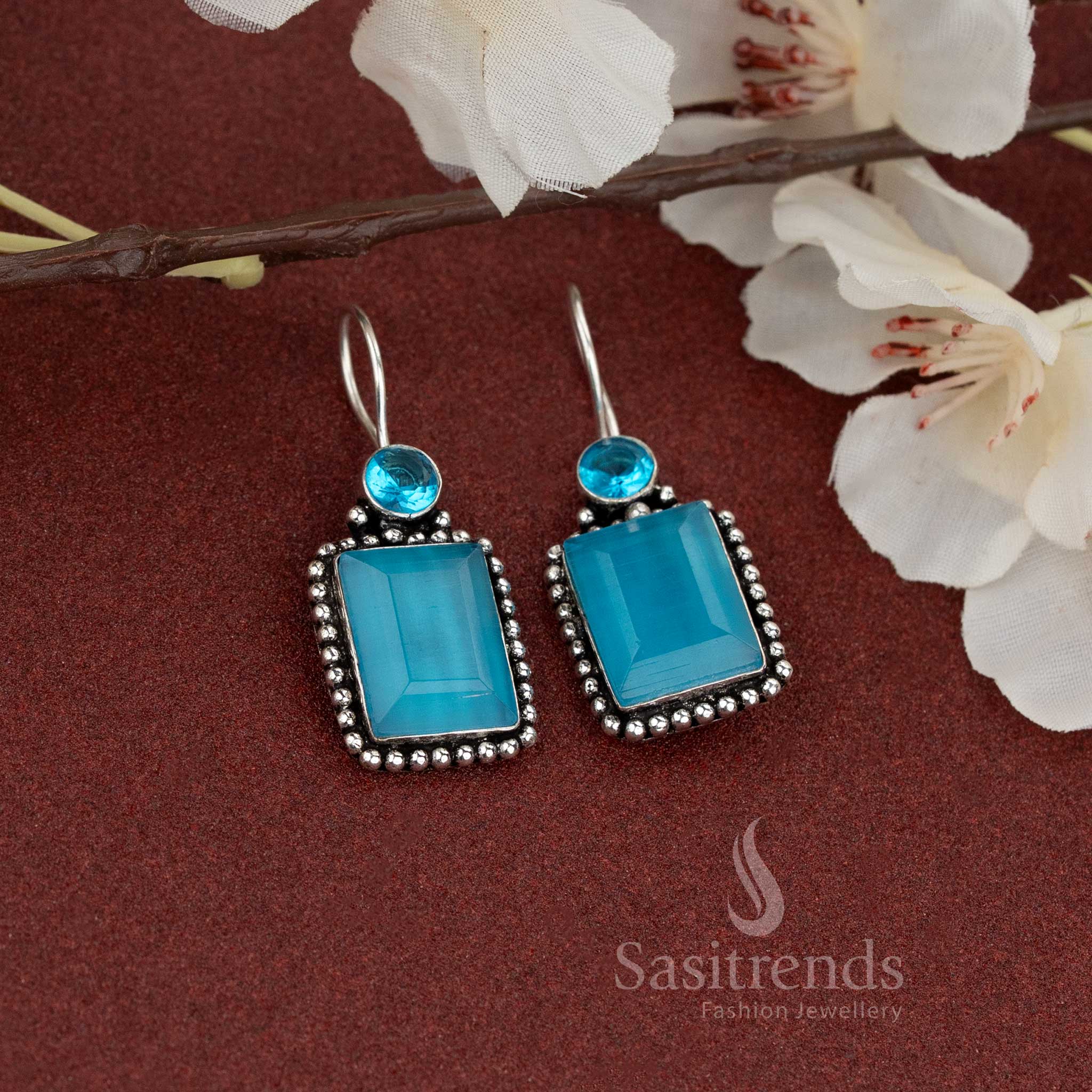 Oxidised earrings with rectangular Sky Blue stone