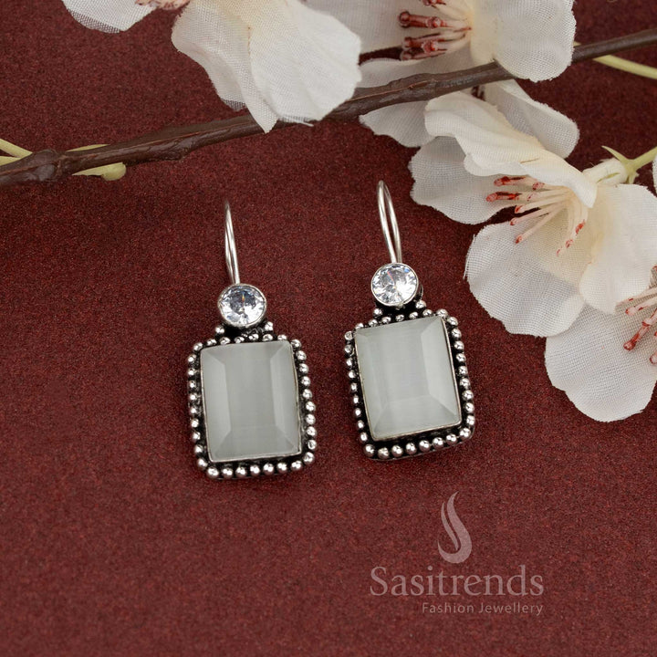 Oxidised earrings with rectangular White stone