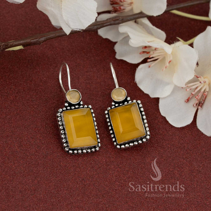 Oxidised earrings with rectangular Yellow stone