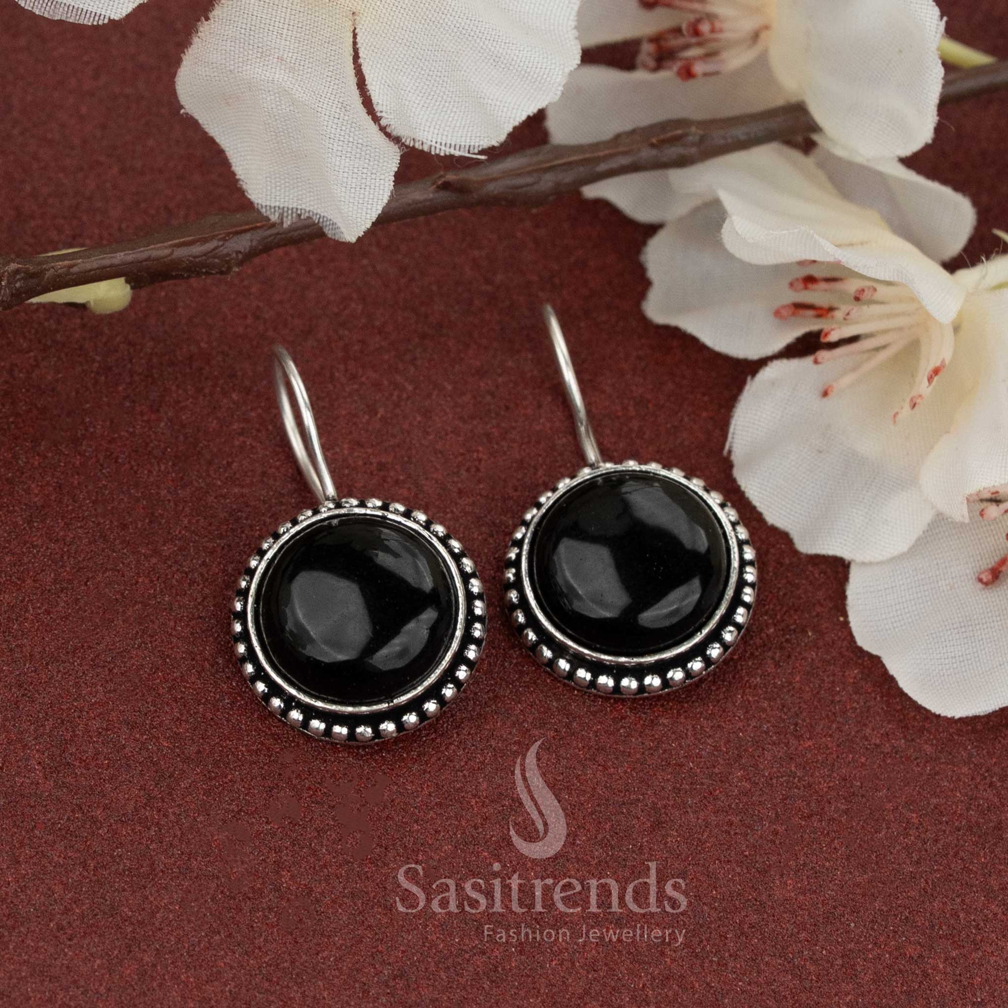 Bold oxidised fish hook earrings with round black natural stone – a timeless pick for everyday monochrome or classic styling – Sasitrends


