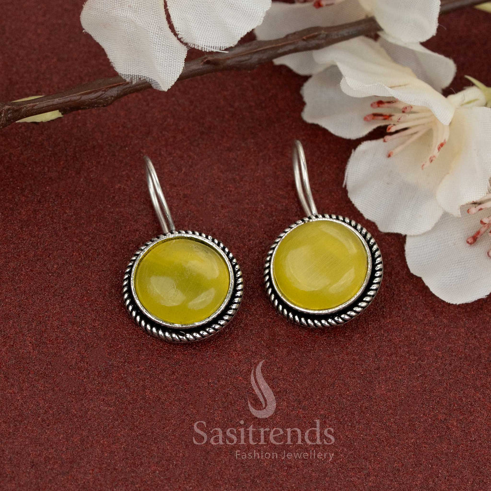 Cheerful oxidised round earrings with sunny yellow stone – great for brightening up daily outfits with ease – Sasitrends