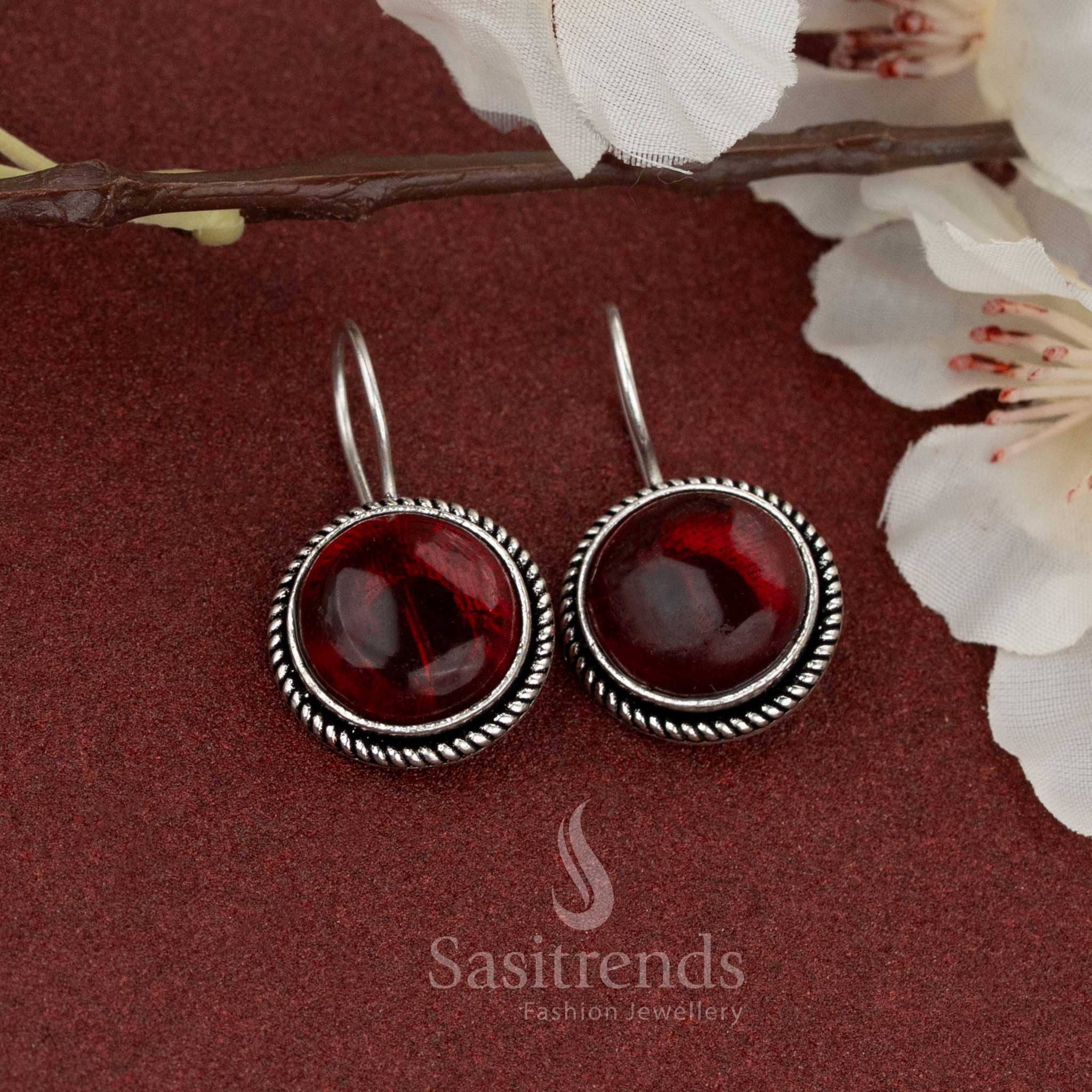 Classy maroon round stone earrings with oxidised silver fish hook – a perfect blend for traditional fusion daily wear – Sasitrends