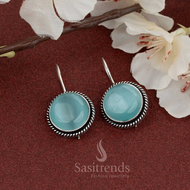 Elegant oxidised fish hook earrings with sky-blue round natural stone – a calm and breezy pick perfect for light casual summer wear – Sasitrends