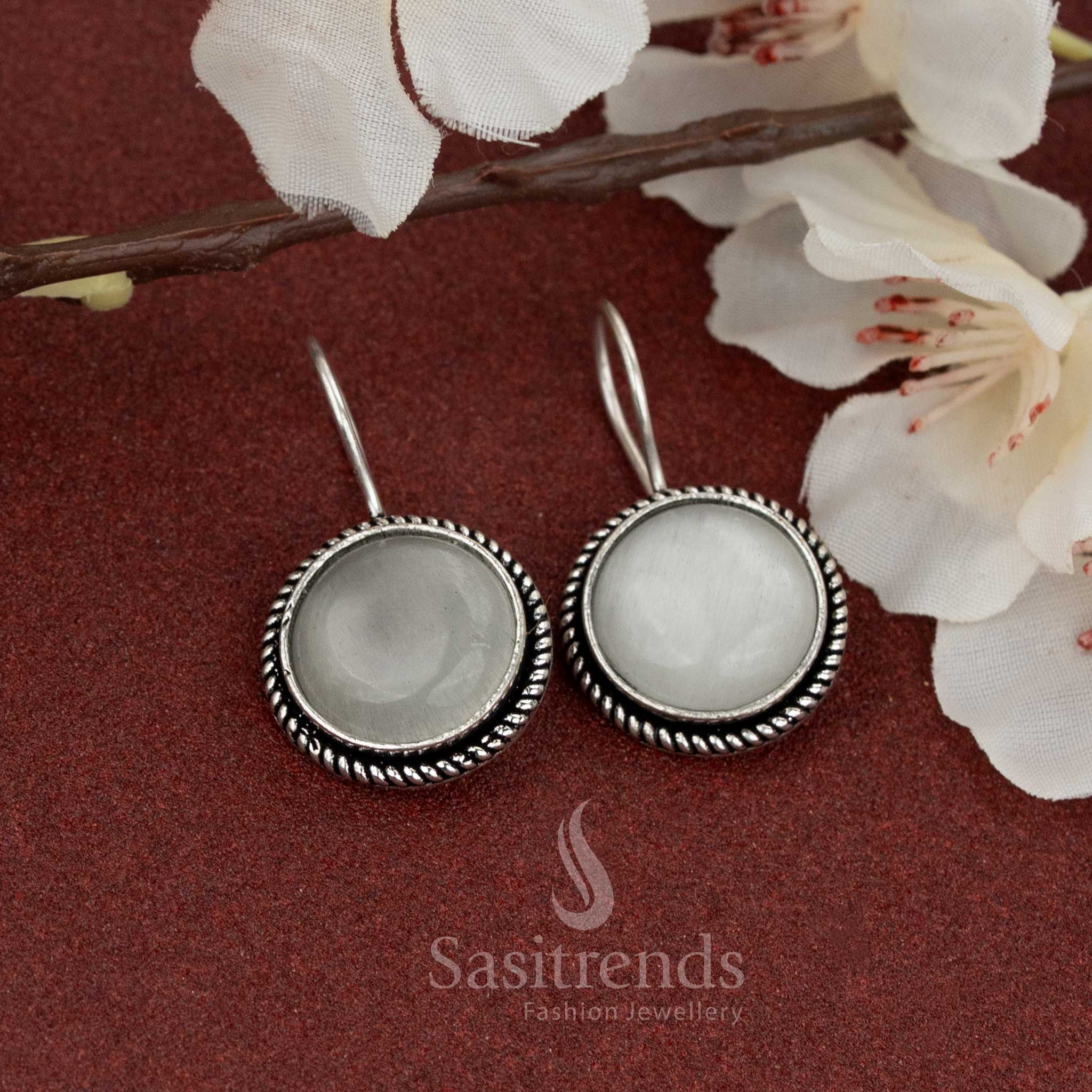 Minimalist round white stone earrings in oxidised finish – perfect for subtle daily looks and soft-toned outfits – Sasitrends