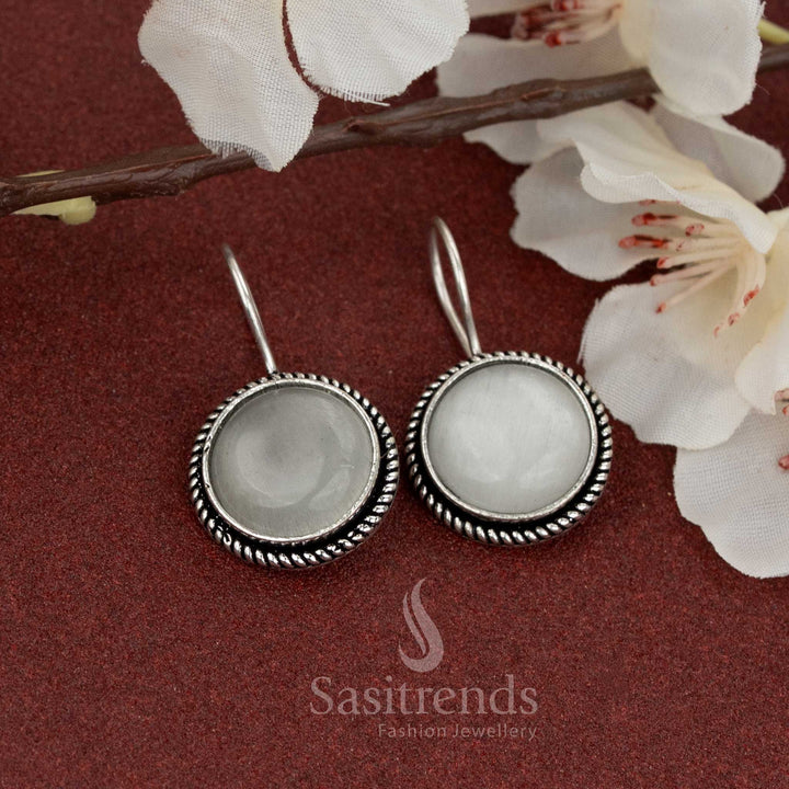 Minimalist round white stone earrings in oxidised finish – perfect for subtle daily looks and soft-toned outfits – Sasitrends