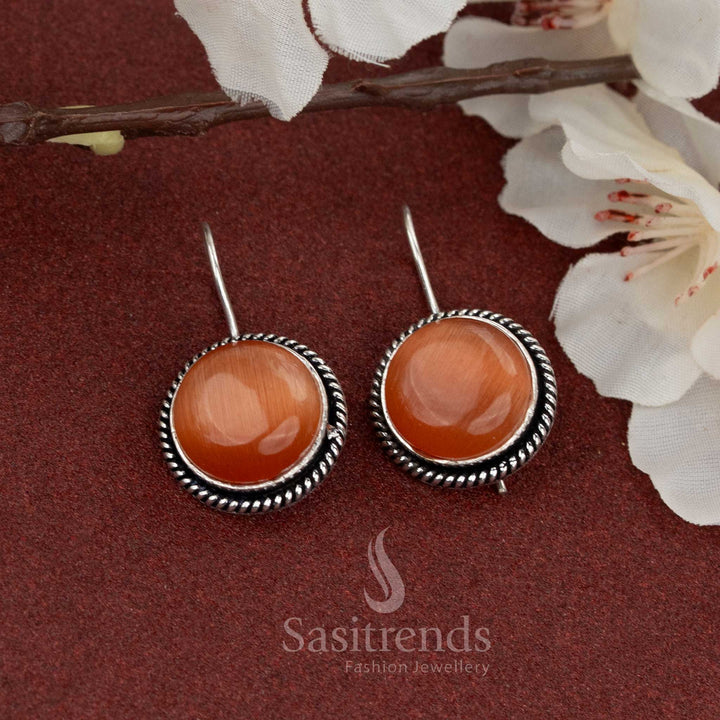 Trendy oxidised earrings with round orange stone and fish hook back – ideal for casual wear with a pop of colour – Sasitrends