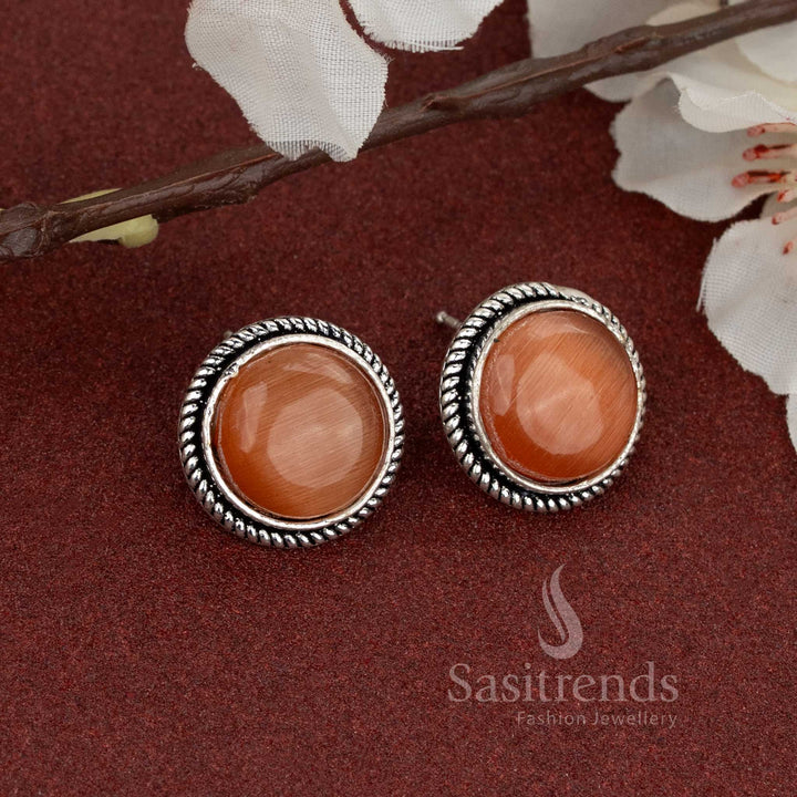 Elegant oxidised silver round stud earrings featuring brown natural stone – perfect for office wear, casual outings, or everyday use – Sasitrends