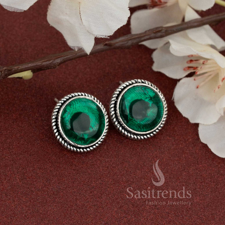 Oxidised round studs with vibrant emerald-green natural stone – ideal for pairing with casual or ethnic outfits – Sasitrends