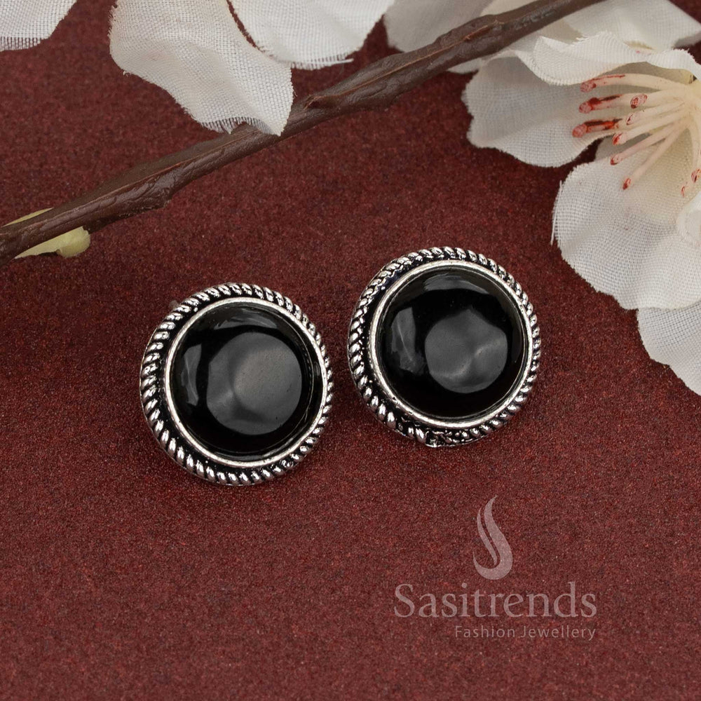 Minimalist oxidised silver round earrings set with black stone – effortlessly stylish for daily use or college wear – Sasitrends