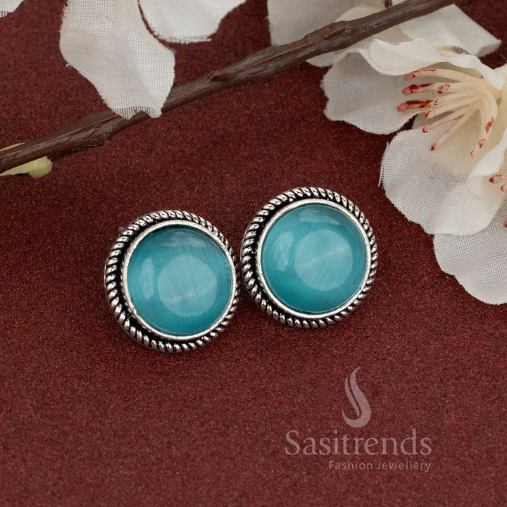 Oxidised round stud earrings with light sky-blue natural stone – minimal and elegant design for office or college styling – Sasitrends
