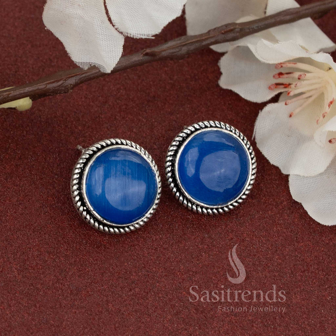 Elegant oxidised round earrings featuring deep blue natural stone – a refined piece for office or college styling – Sasitrends