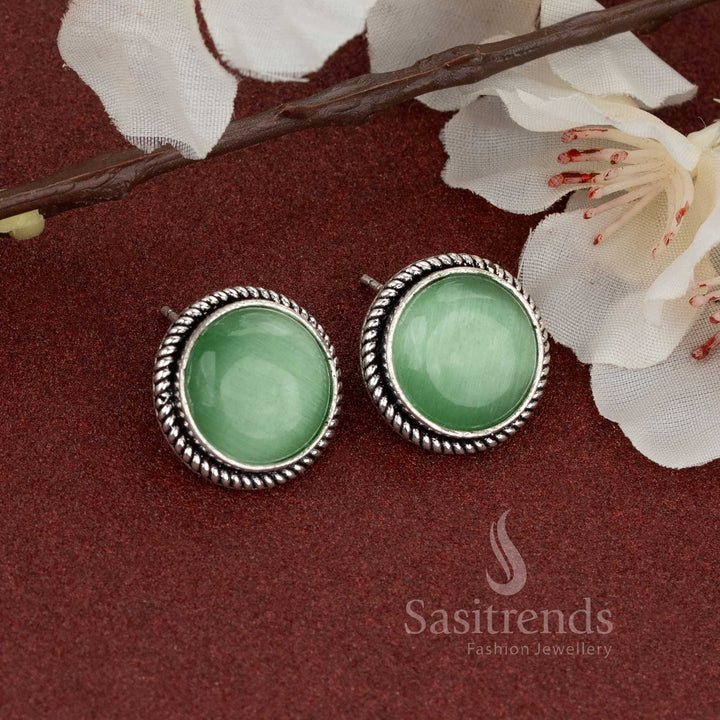 Oxidised silver earrings with light-green natural stone centre – youthful design suited for ethnic and college outfits – Sasitrends