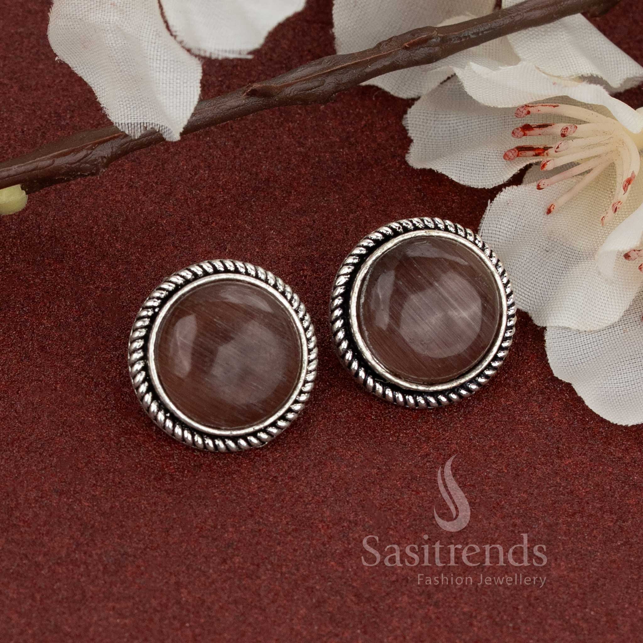 Graceful oxidised silver round studs with dark brown stone – perfect blend of classic and earthy tones for everyday jewellery – Sasitrends