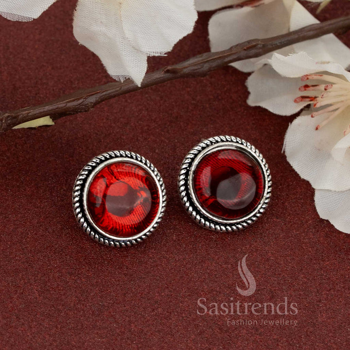 Bold oxidised silver studs with rich red stone – great for adding pop of colour to casual or college outfits – Sasitrends