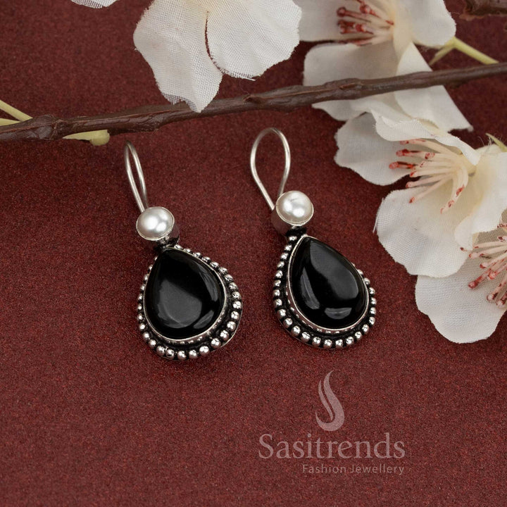 Black teardrop stone oxidised earrings with pearl top – casual and slightly bold for modern looks – Sasitrends