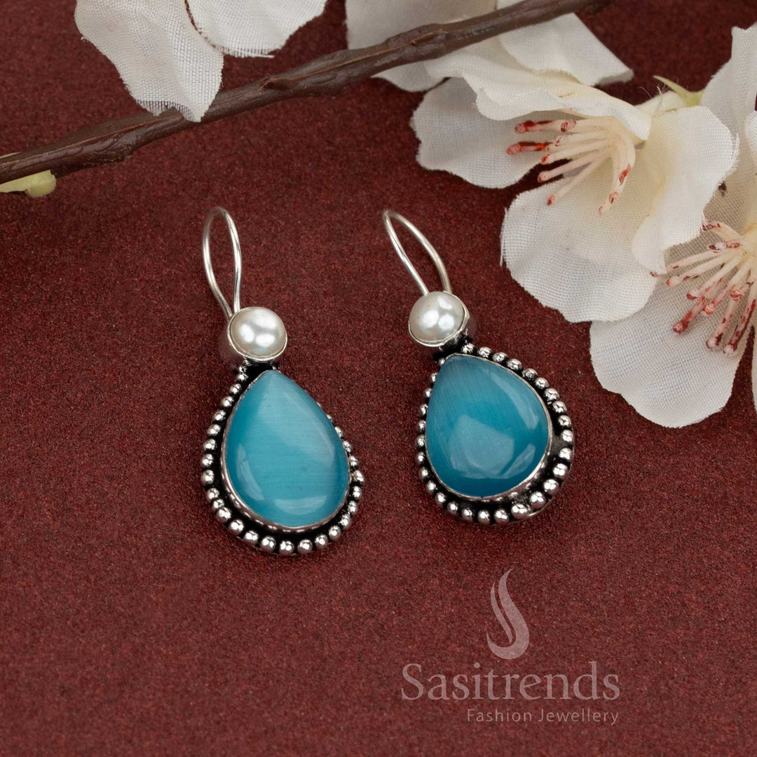 Aqua blue oxidised silver drop earrings with a natural teardrop stone and pearl stud – graceful pick for casual outfits or light festive wear – Sasitrends