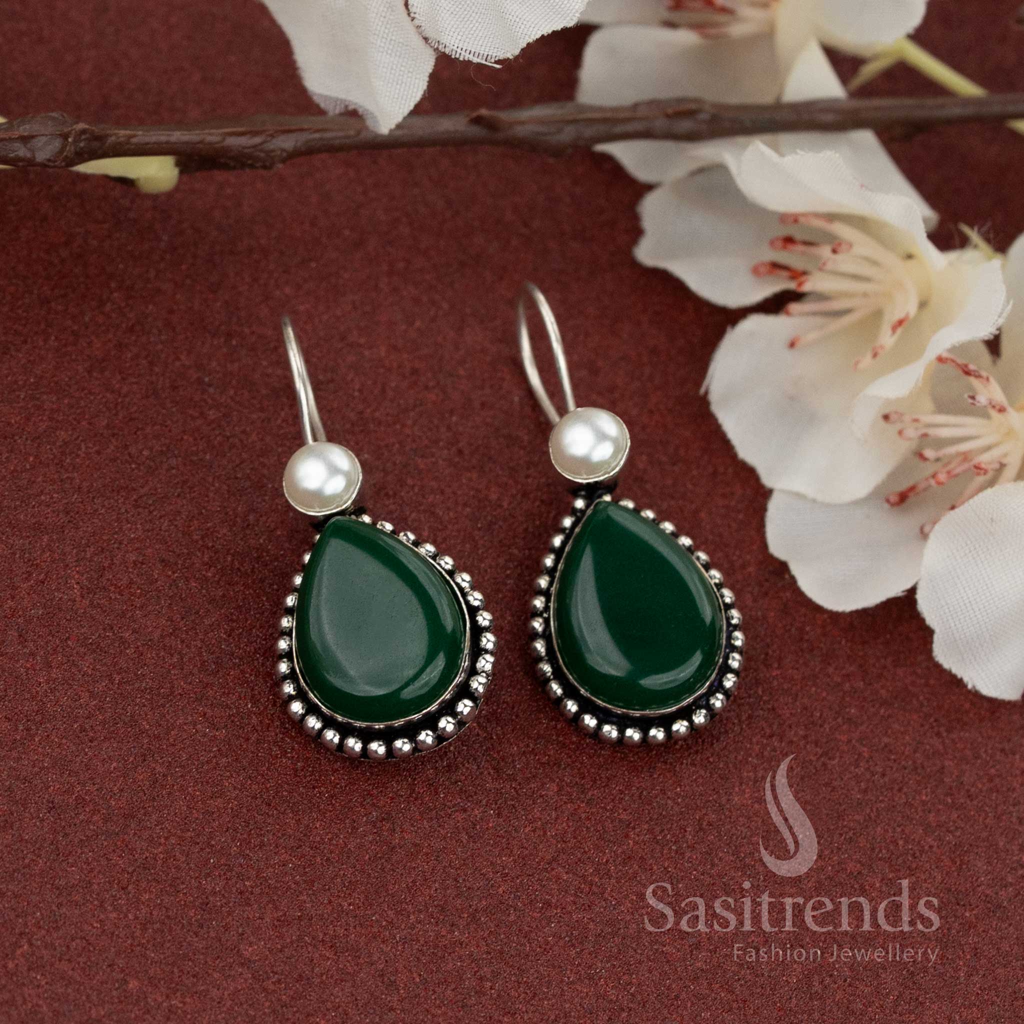 Elegant green oxidised silver drop earrings featuring a natural teardrop stone and delicate pearl stud – perfect for daily and casual wear – Sasitrends