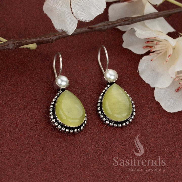 Light yellow oxidised silver stone earrings with graceful pearl top – casual and airy design – Sasitrends
