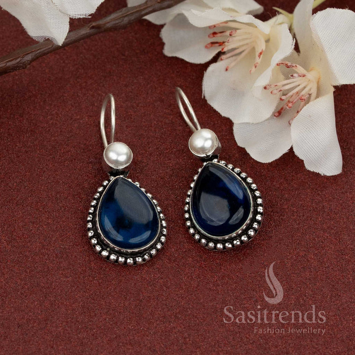 Deep blue teardrop stone earrings in oxidised silver with pearl accent – graceful for everyday elegance – Sasitrends