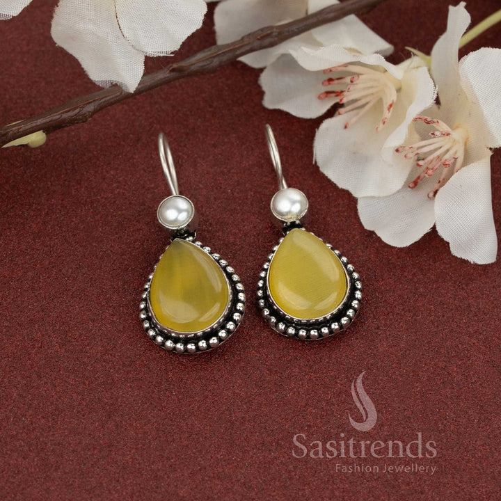 Bright yellow oxidised silver earrings with natural teardrop stone and pearl top – perfect for daily wear – Sasitrends