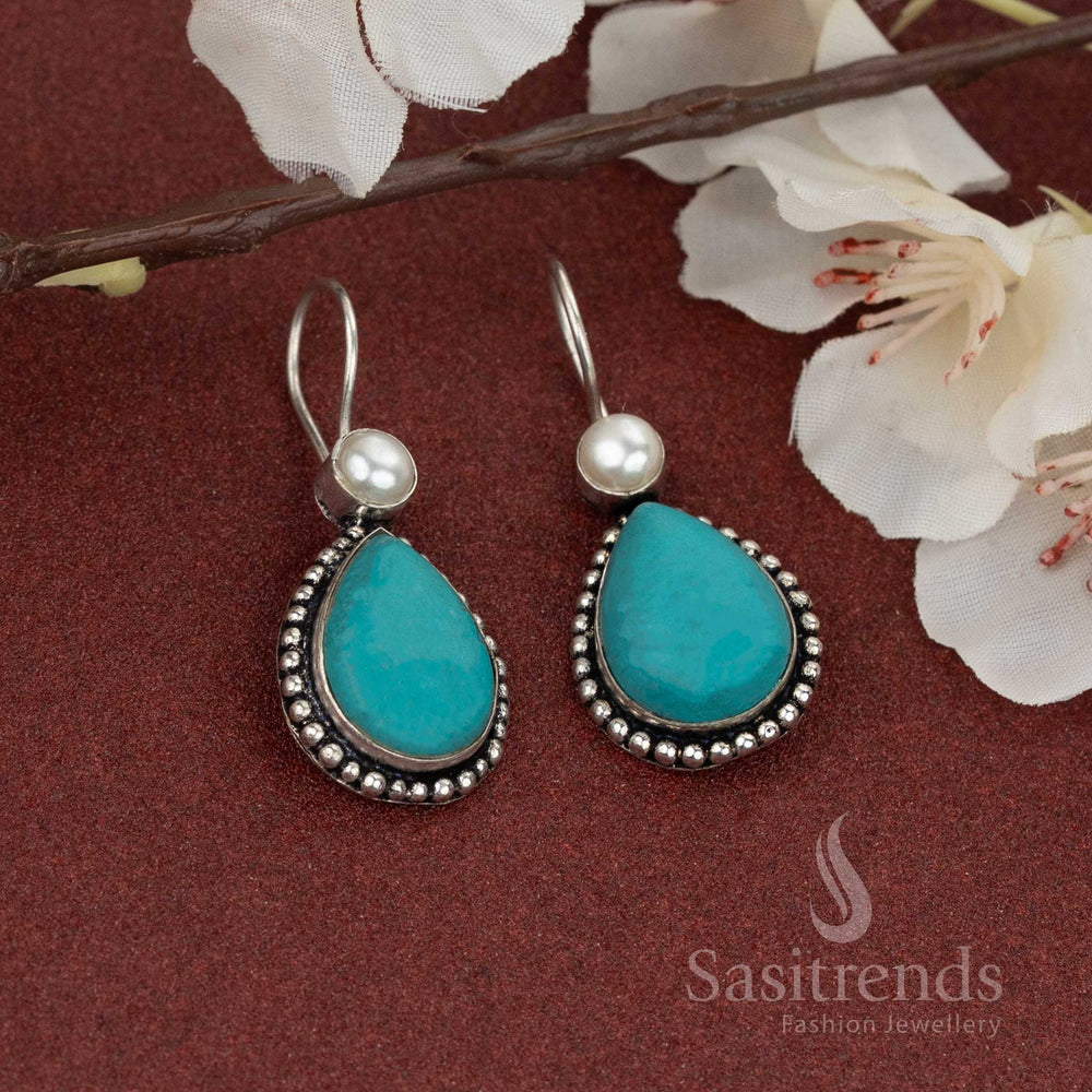 Cool turquoise oxidised stone earrings with pearl stud – stylish and neat for office or casual wear – Sasitrends