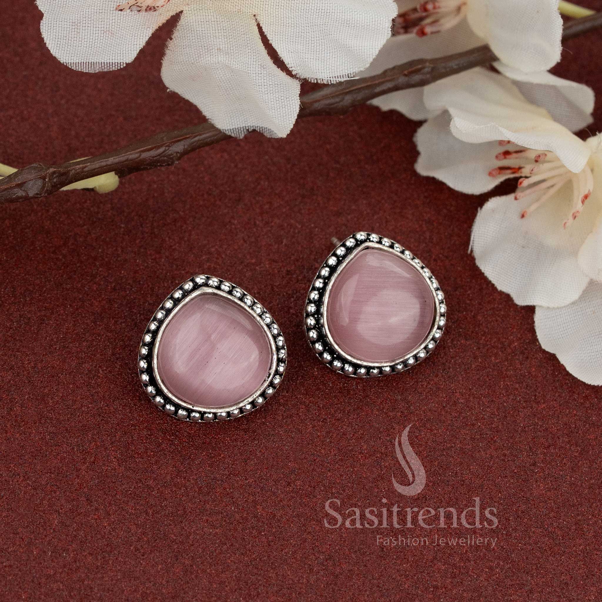 Oxidised silver teardrop stud earrings with natural stone - Sasitrends
