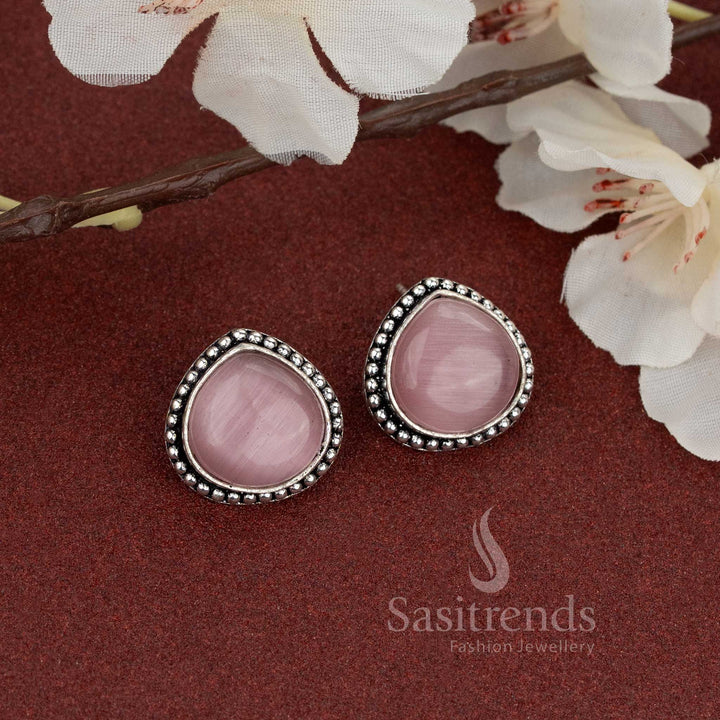 Oxidised Silver Stud Earrings with Natural Teardrop Stone - Sasitrends