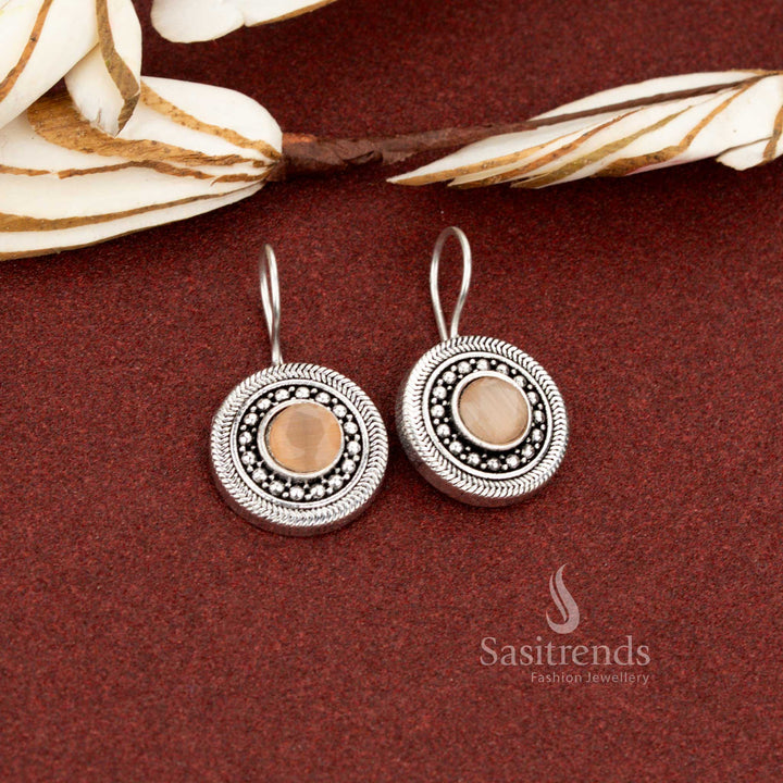 Sasitrends simple oxidised silver plated brown round stone earrings for daily and office wear