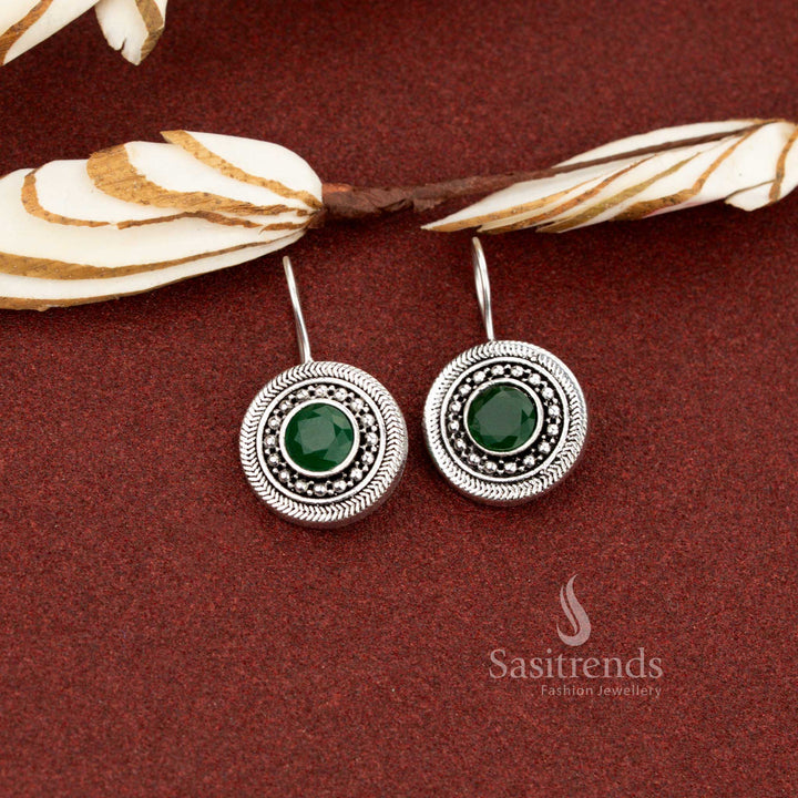 Sasitrends simple oxidised silver plated ocean blue round stone earrings for daily and office wear